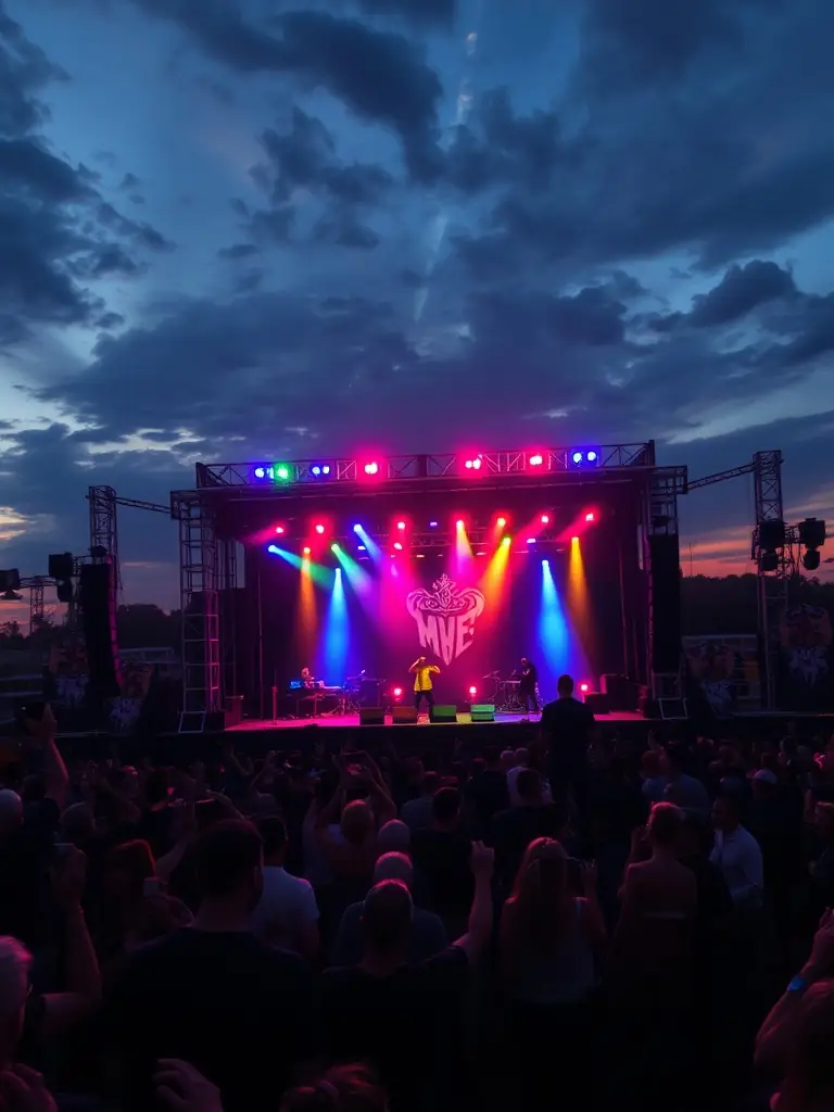 A dynamic image showcasing a live music performance organized by LA VIE LA in a public square, featuring local musicians and a diverse audience, highlighting the organization's role in expanding cultural access.