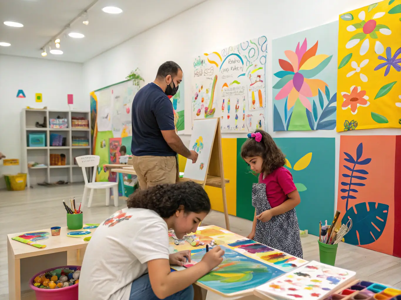 A vibrant image showcasing a community art workshop, with participants of all ages engaged in painting and creative expression, reflecting LA VIE LA's commitment to fostering artistic talent and community engagement.