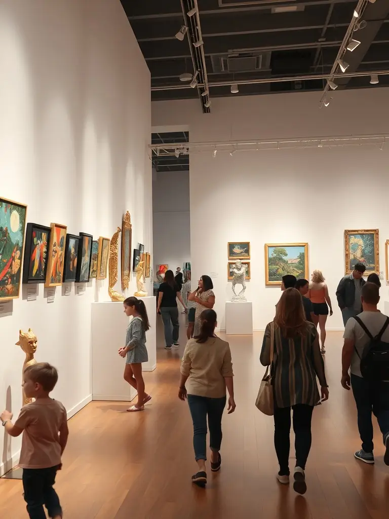 A captivating photo of an artist exhibition supported by LA VIE LA, featuring contemporary artworks and a diverse group of attendees, emphasizing the organization's support for emerging artists.