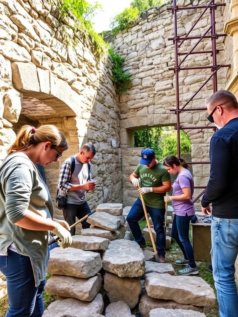 A photo of volunteers from LA VIE LA working on a heritage preservation project in Montbron, restoring a historical building, highlighting the organization's dedication to preserving local heritage.