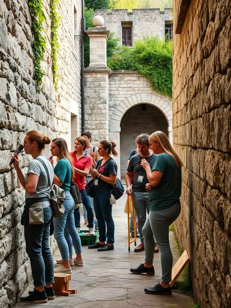 A heartwarming picture of volunteers assisting with a heritage preservation project in Montbron, France, demonstrating LA VIE LA's dedication to preserving local heritage and strengthening community engagement.