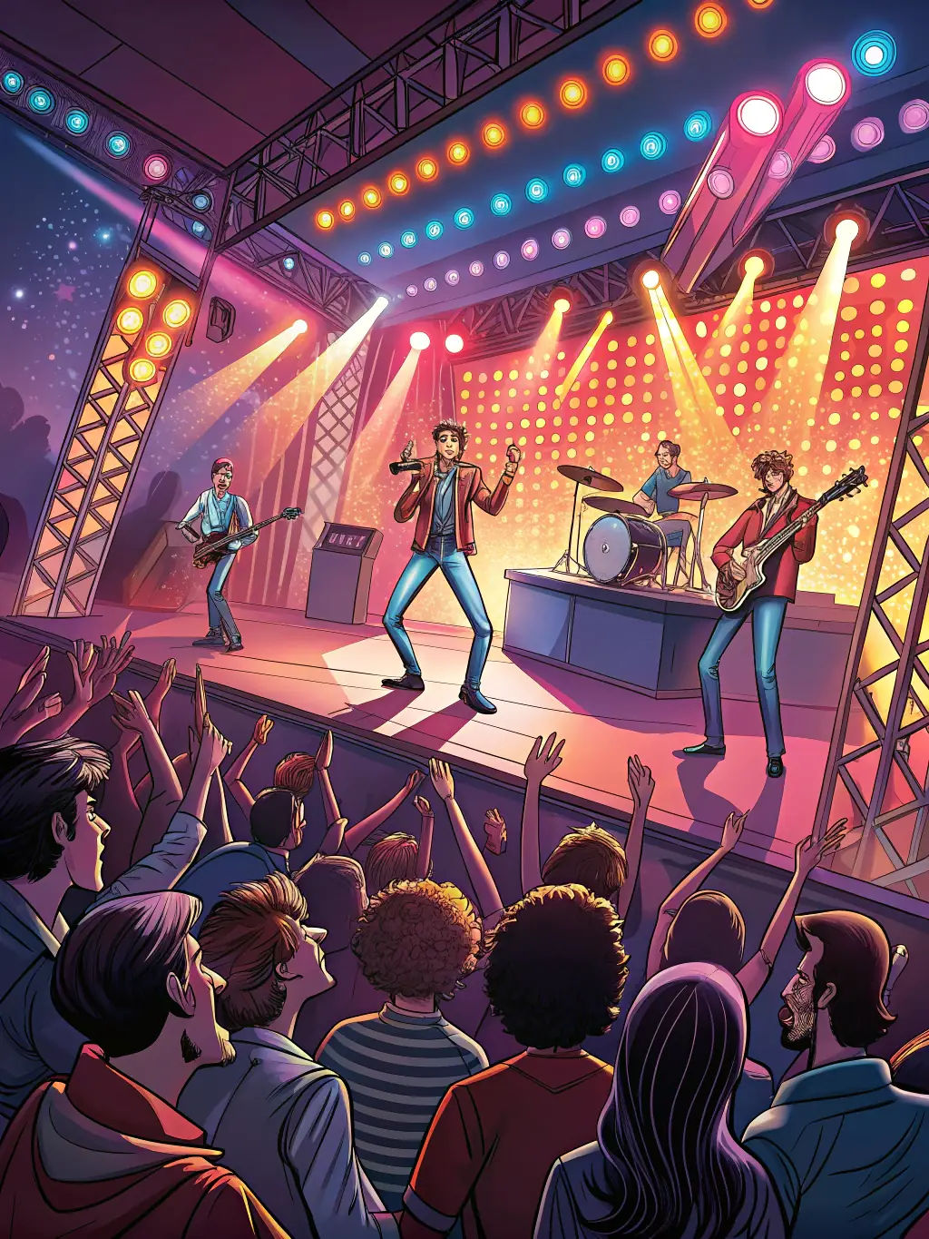 A dynamic image of a live music performance organized by LA VIE LA in a local venue, featuring a diverse group of musicians and an enthusiastic audience, emphasizing the organization's commitment to promoting local talent.