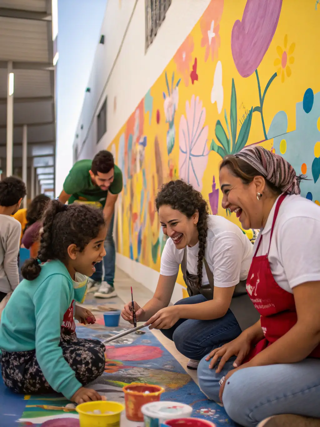 A vibrant photograph capturing a community art workshop in Montbron, France, with participants of all ages engaged in painting and creative activities, reflecting LA VIE LA's commitment to encouraging creative expression.