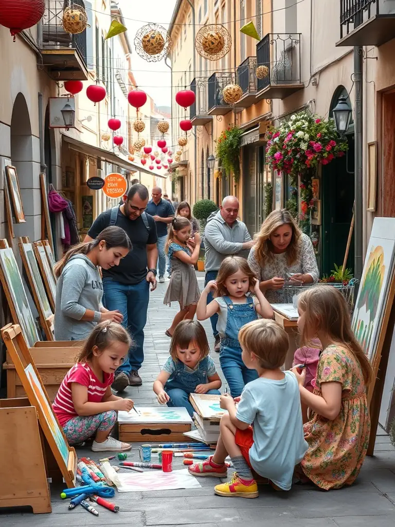 A vibrant photograph capturing a community art workshop in Montbron, France, led by LA VIE LA, showcasing participants of all ages engaged in painting and creative expression, with the historic town square visible in the background.